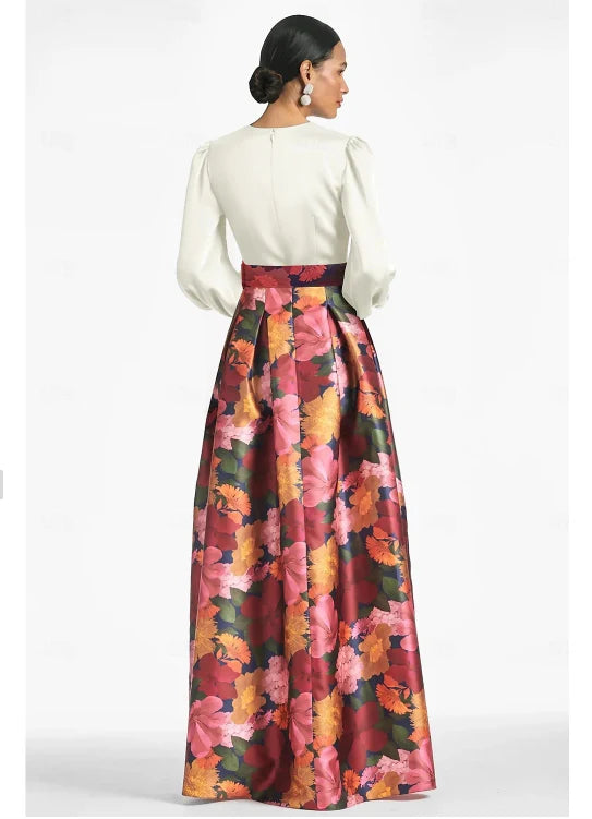 Luolandi A-Line Evening Gown High Split Formal Wedding Guest Floor Length Long Sleeve V Neck Belt / Sash Satin with Floral Print Elegant